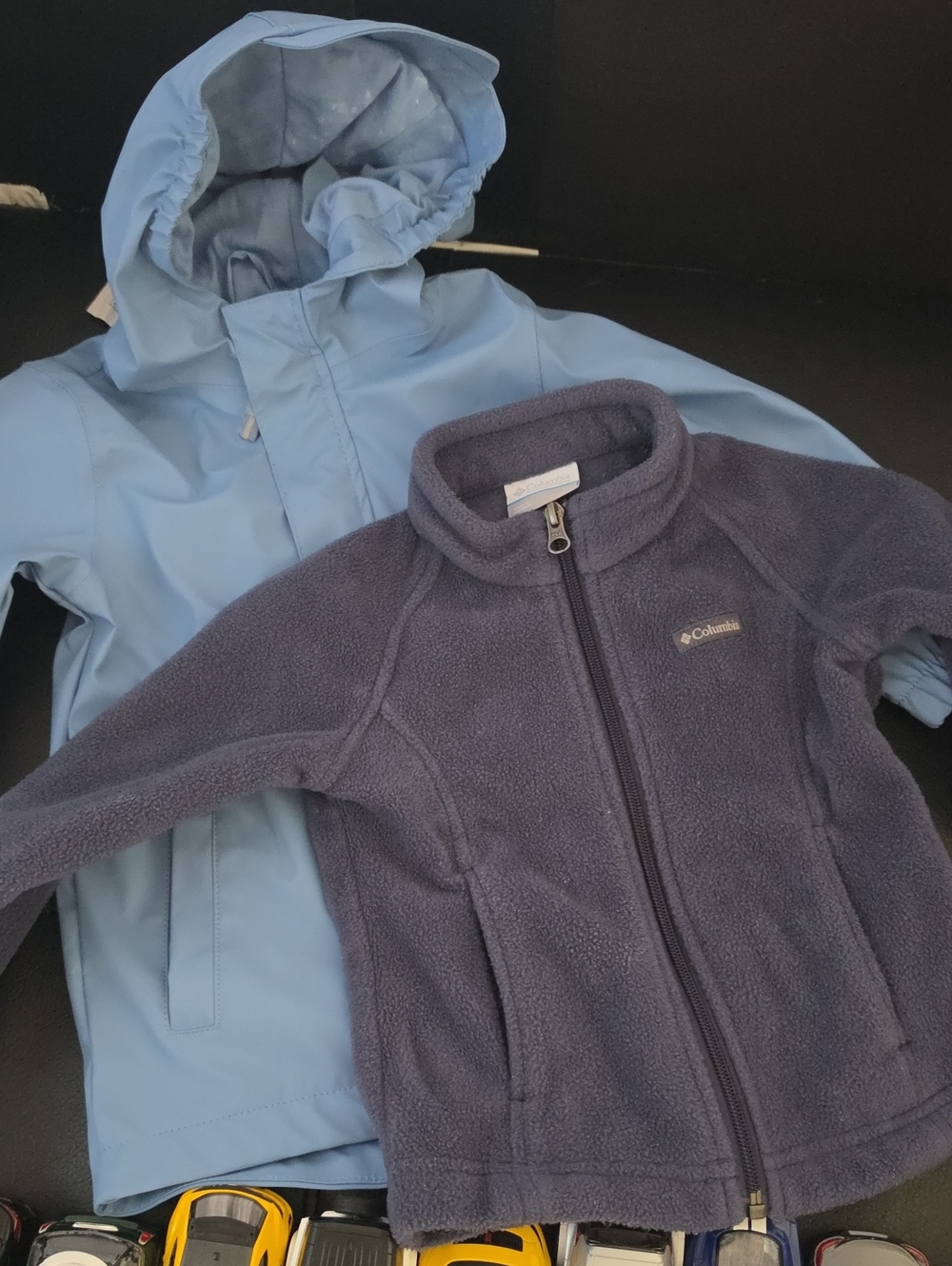 Columbia Navy Fleece Jacket with Light Blue Hooded Raincoat 3T
